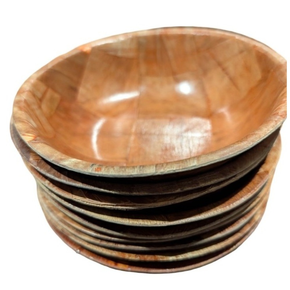 Vintage 1960s Pressed Wooden Weave Salad Bowls – Set of 9 – 6"